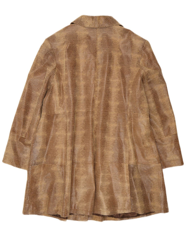 Vintage oversized læderfrakke til kvinder EU 50 3XL brunt læder med dyreprint