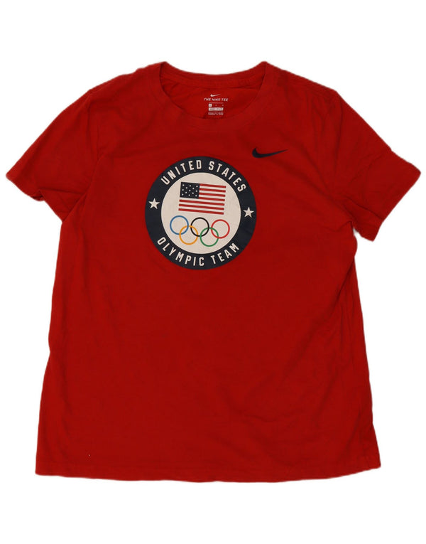 Nike Damen Dri Fit Graphic T-Shirt Top UK 16 Große rote Baumwolle