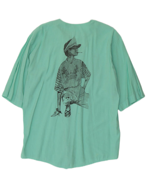 Vintage mujer gráfica manga corta camisa blusa Reino Unido 16 viscosa verde grande