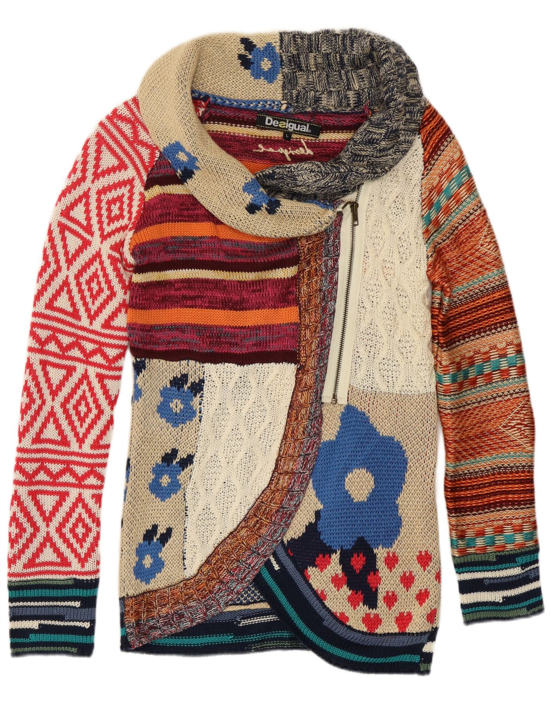 Desigual Womens Cardigan Sweater UK 14 Large Multicoloured Patchwork