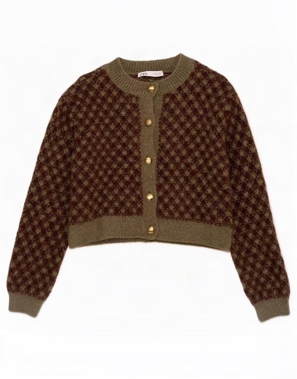 Zara Damen Crop Cardigan Pullover UK 10 Small Khaki Geometrisches Acryl