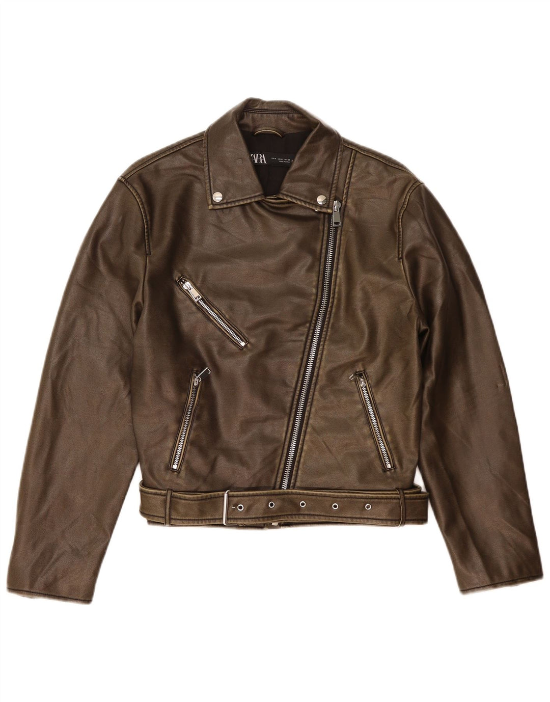 Zara Womens Faux Leather Biker Jacket UK 14 Medium Brown Polyethylene