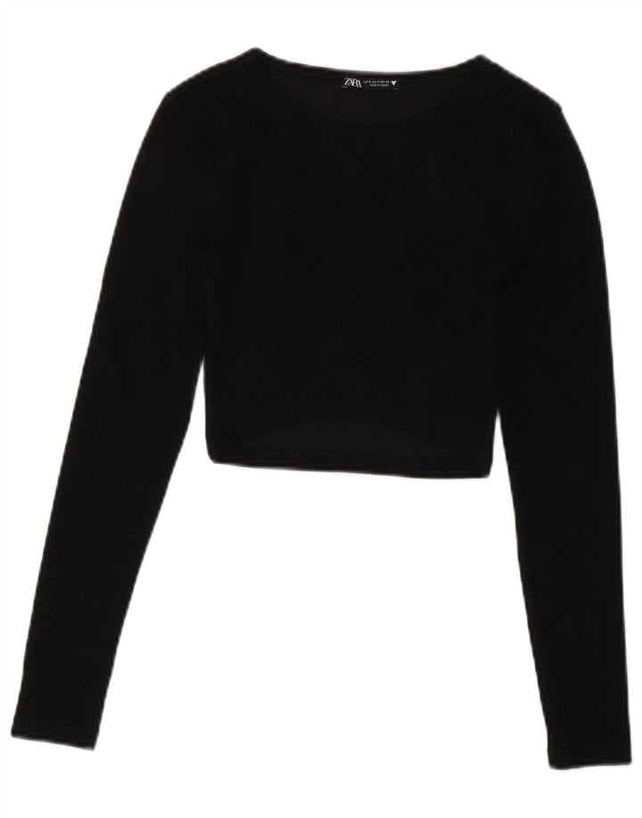 Zara Womens Crop Top Long Sleeve UK 8 Small Black