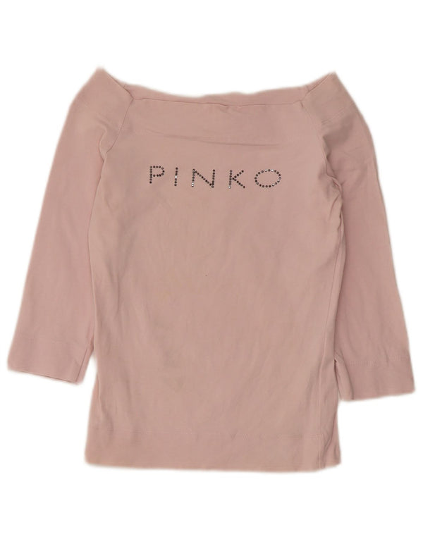 Pinko Top da donna con grafica con spalle scoperte e maniche a 3/4 UK 8 piccolo in cotone rosa