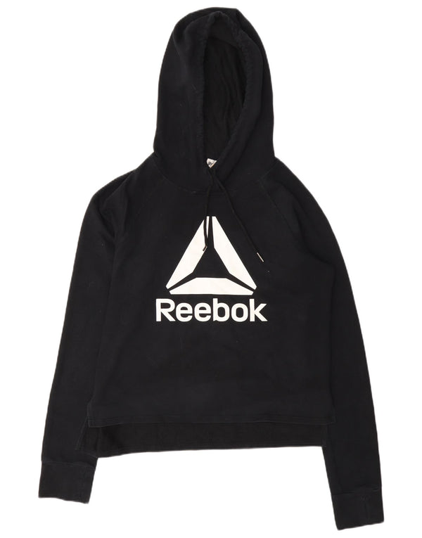 Reebok Womens Crop Graphic Hoodie Jumper UK 10 Small Black Cotton