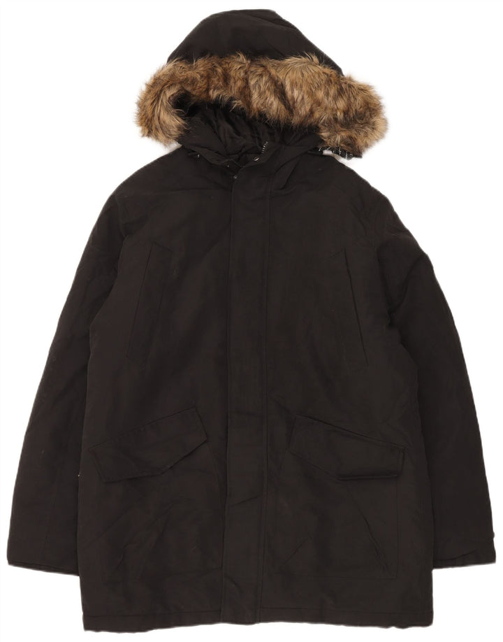 Jack & Jones Mens Hooded Parka Jacket UK 40 Large Black Polyester