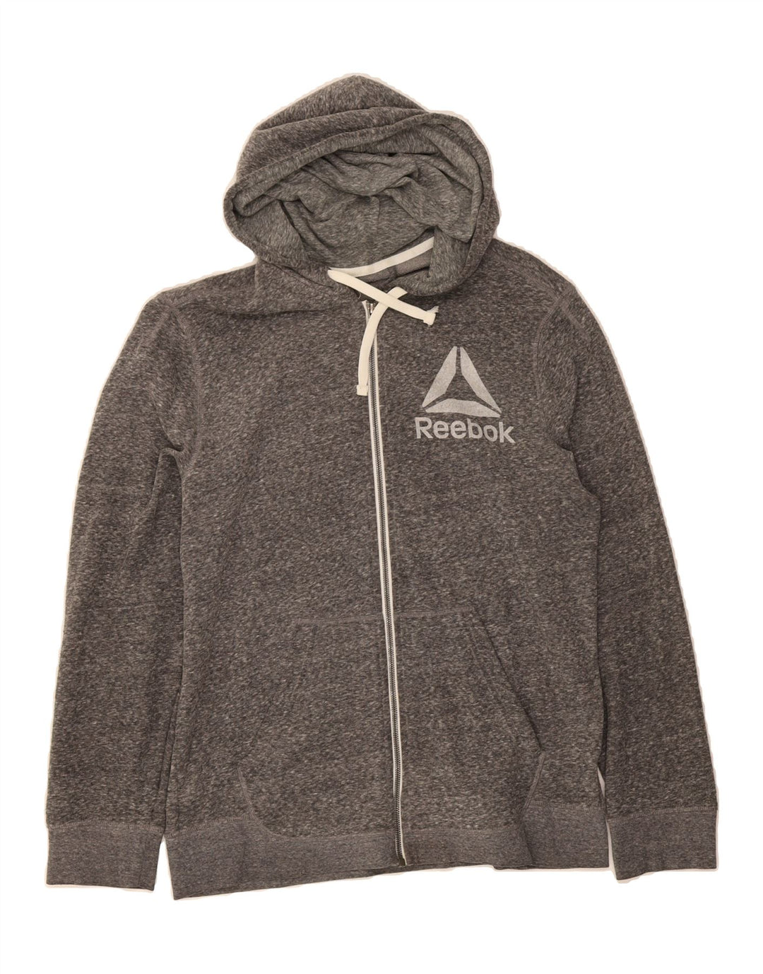 REEBOK Mens Graphic Zip Hoodie Sweater Medium Grey Flecked Polyester Vintage Reebok and Second-Hand Reebok from Messina Hembry 