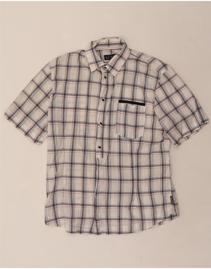 ARMANI JEANS Mens Short Sleeve Shirt Medium White Check Polyester Vintage Armani Jeans and Second-Hand Armani Jeans from Messina Hembry 