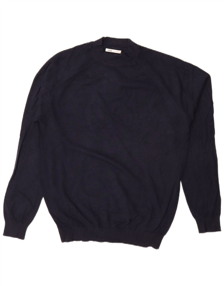 Zara Mens Crew Neck Jumper Sweater Medium Navy Blue Viscose