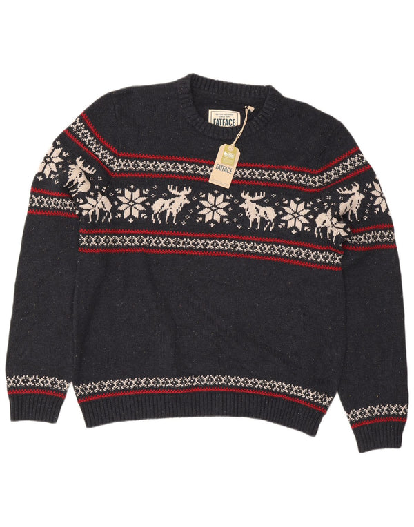 Fat Face Mens Normal Fit Crew Neck pulóver XL sötétkék Fair Isle