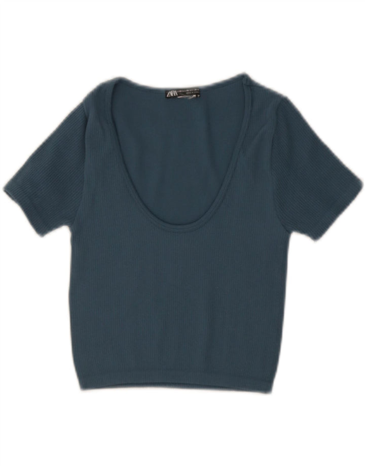 ZARA Womens Crop Blouse Top UK 4 XS Blue Vintage Zara and Second-Hand Zara from Messina Hembry 