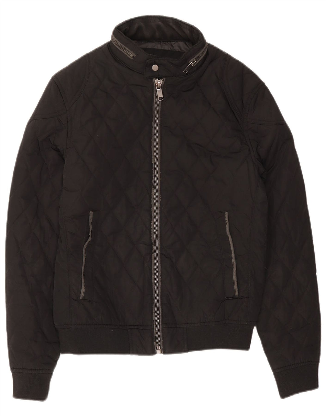 Zara Mens Hooded Quilted Jacket UK 36 Small Black Polyester