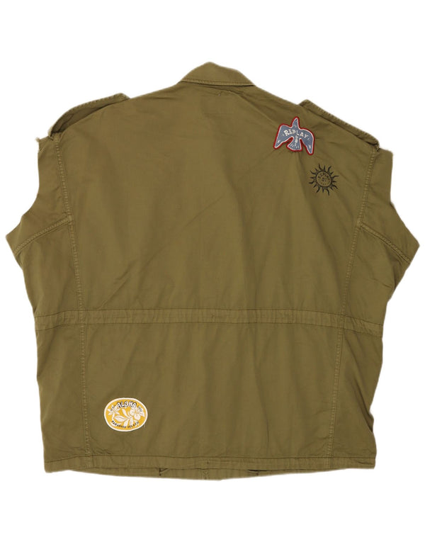 Replay Mens Military Loose Fit Utility Gilet UK 36 Small Khaki Cotton