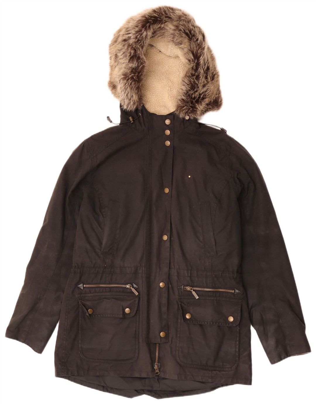 Barbour Womens Hooded Waxed Cotton Jacket UK 12 Medium Black