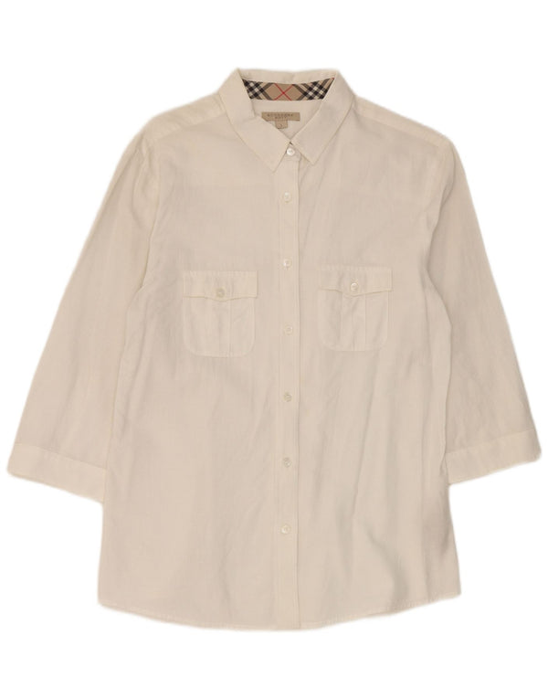 Camicia a maniche 3/4 BRIT da donna Burberry UK 14 grande cotone gessato bianco