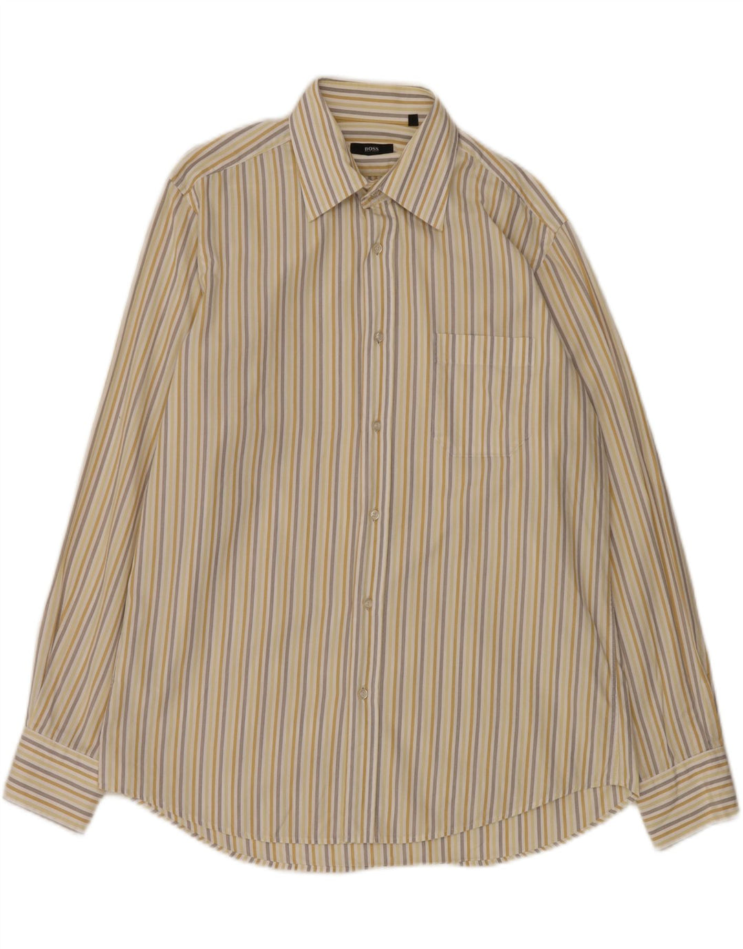 Hugo Boss Mens Shirt Size 41 16 Large Beige Striped Cotton