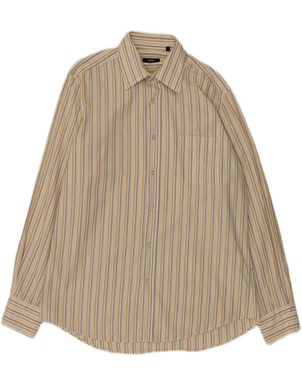 Hugo Boss Mens Shirt Size 41 16 Large Beige Striped Cotton