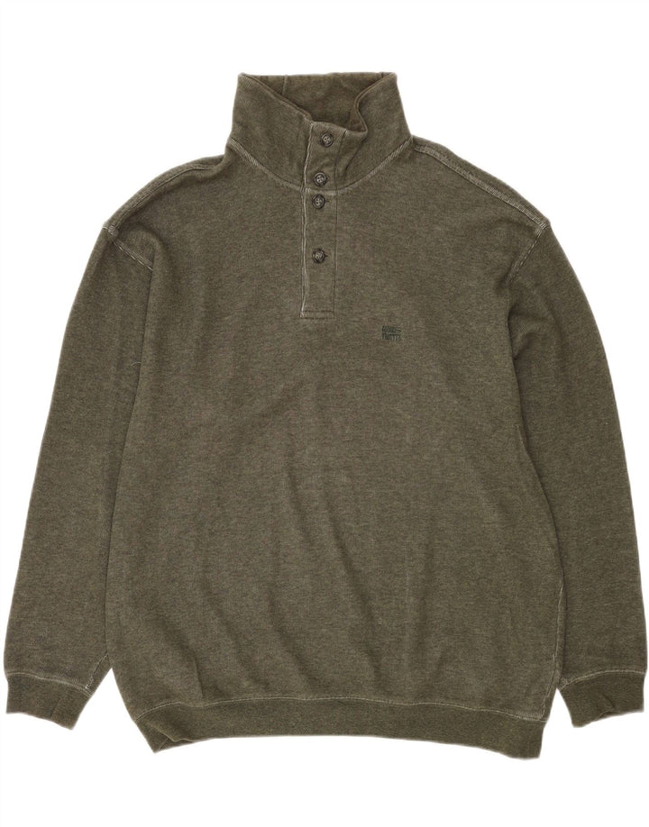 Globe Trotter Mens Button Neck Sweatshirt Jumper Large Khaki Cotton