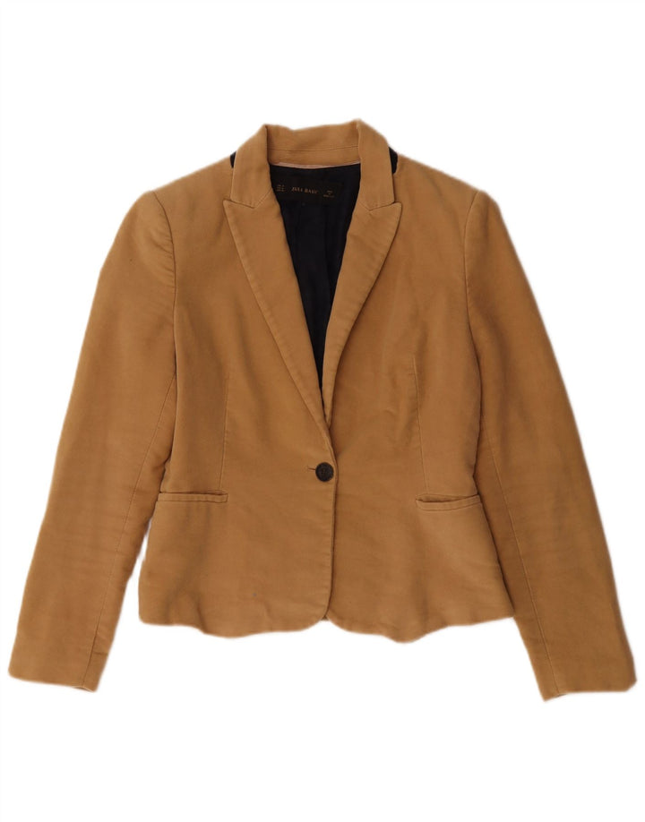 Jachetă Zara pentru femei Crop 1 Button Blazer UK 12 Medium Bej Acetat