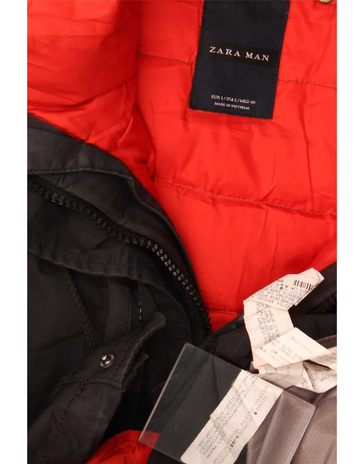 Zara Mens Hooded Padded Jacket UK 40 Large Black Polyester