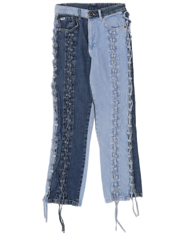 VINTAGE Womens Straight Jeans W28 L28 Blue Patchwork Cotton Retro