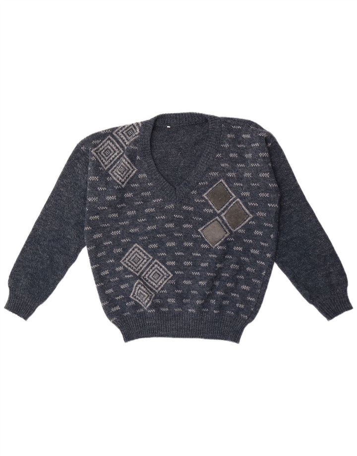 Vintage Mens V-Neck Jumper Sweater Medium Navy Blue Geometric