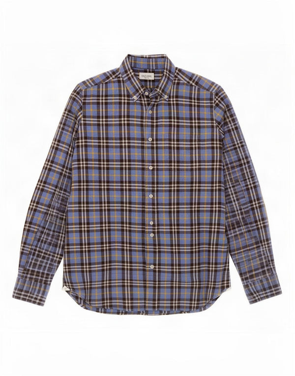 Dino Erre Mens Flannel Shirt Size 41 16 Large Blue Plaid Cotton