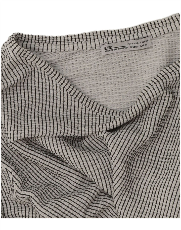 Zara Womens Crop Top Long Sleeve UK 14 Medium Grey Pinstripe