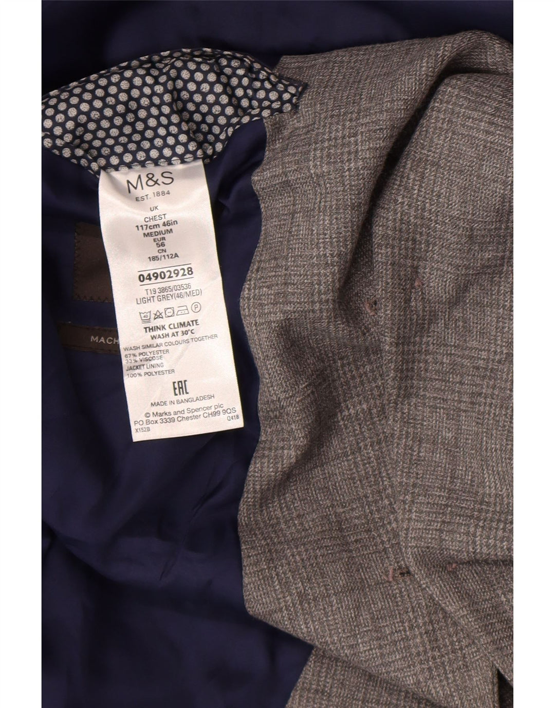 Jachetă pentru bărbați Marks & Spencer, cu 2 nasturi, UK 46 XL, poliester cu carouri gri
