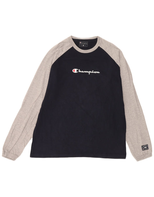 Champion Mens Graphic Top Long Sleeve 2XL Navy Blue Colourblock Cotton