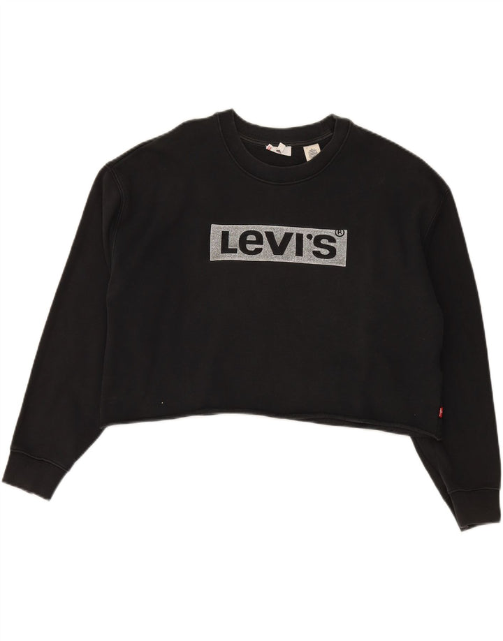 LEVI'S Womens Crop Graphic Sweatshirt Jumper UK 14 Medium Black Cotton Vintage Levi's and Second-Hand Levi's from Messina Hembry 