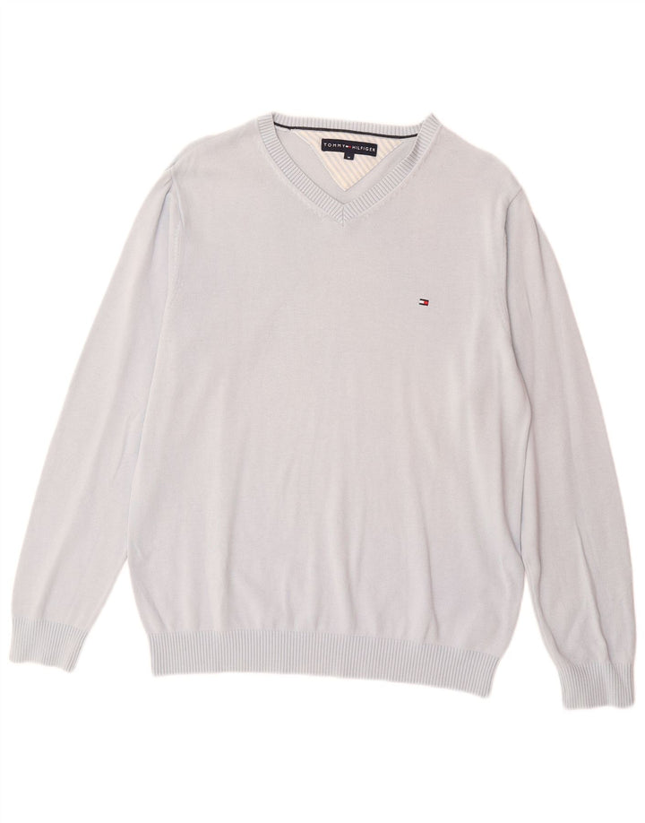 TOMMY HILFIGER Mens V-Neck Jumper Sweater Medium Blue Cotton