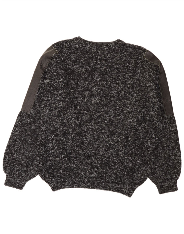 Vintage męski sweter z okrągłym dekoltem duży czarny z wełny w łatki