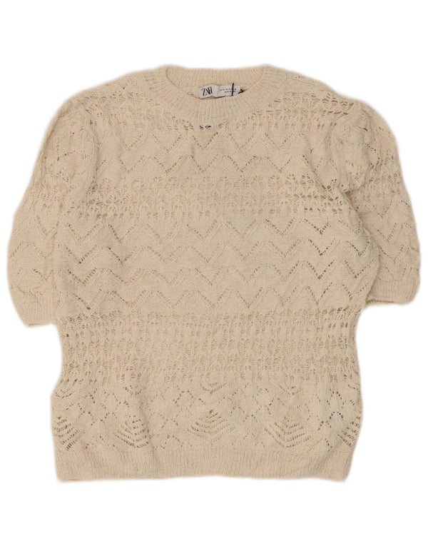 Zara Womens Crop Crochet Blouse Top UK 12 Medium Off White Polyester