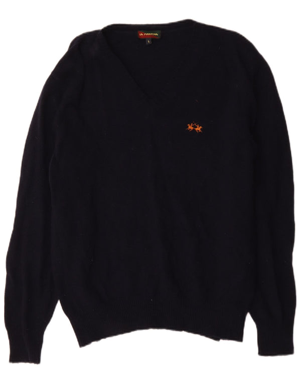 La Martina Mens V-Neck Jumper Sweater Large Navy Blue Virgin Wool
