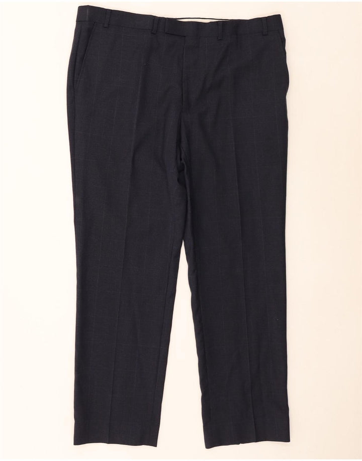 Marks & Spencer Mens Straight Suit Trousers W38 L29 Navy Blue Check Wool