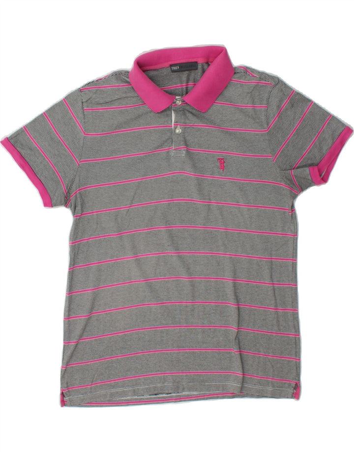 TRUSSARDI Mens Polo Shirt Small Grey Striped Cotton Vintage Trussardi and Second-Hand Trussardi from Messina Hembry 