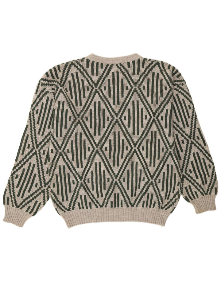 Vintage herre rund hals sweater mellemgrå geometrisk akryl