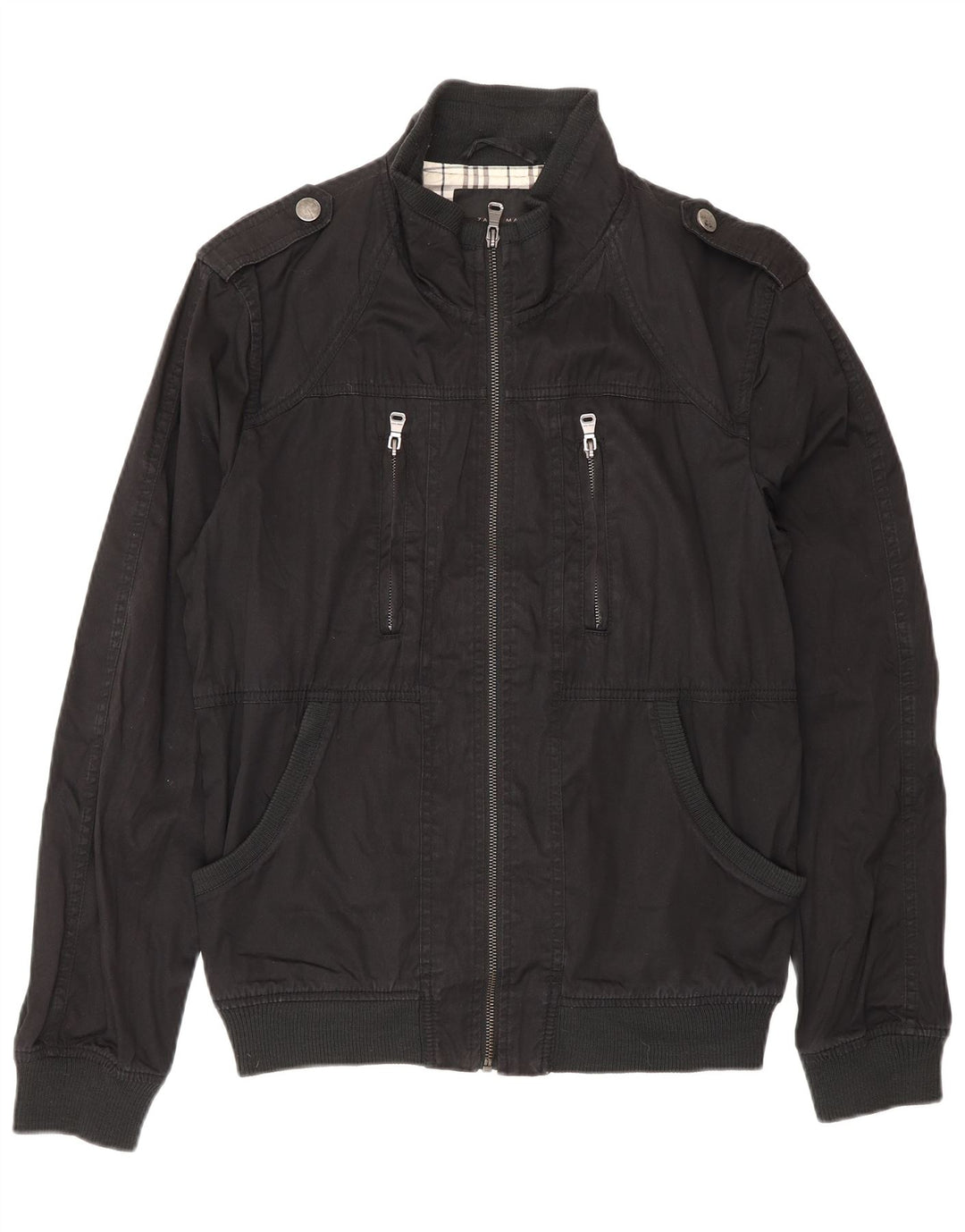 Zara Mens Military Bomber Jacket UK 38 Medium Black Cotton