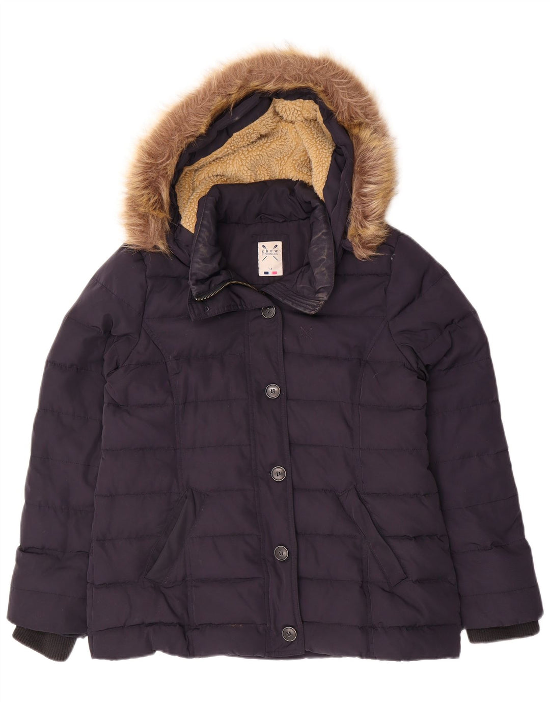 CREW CLOTHING Womens Hooded Padded Jacket UK 14 Medium Navy Blue Polyester