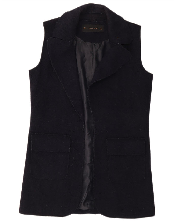 Zara Womens Longline Open Gilet UK 10 Small Navy Blue Wool