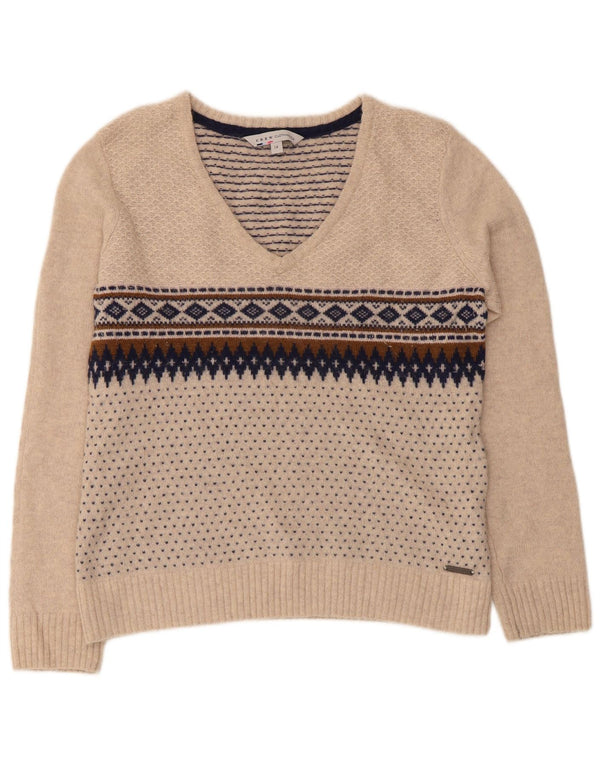 Besætningstøj Dame V-hals sweater UK 14 Medium Beige Fair Isle