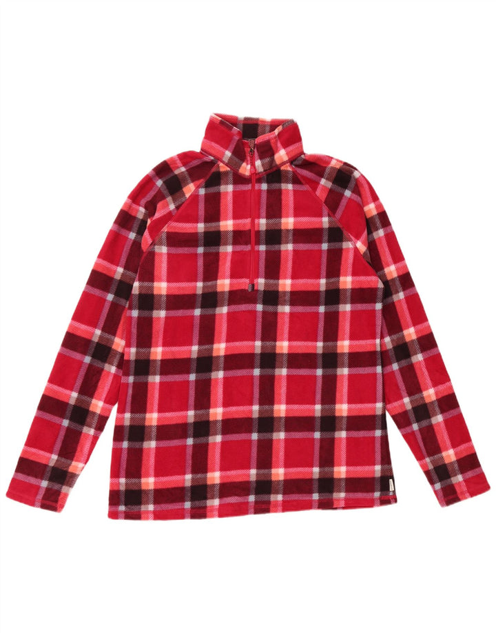 EDDIE BAUER Womens Zip Neck Fleece Jumper UK 14 Medium Red Check Polyester