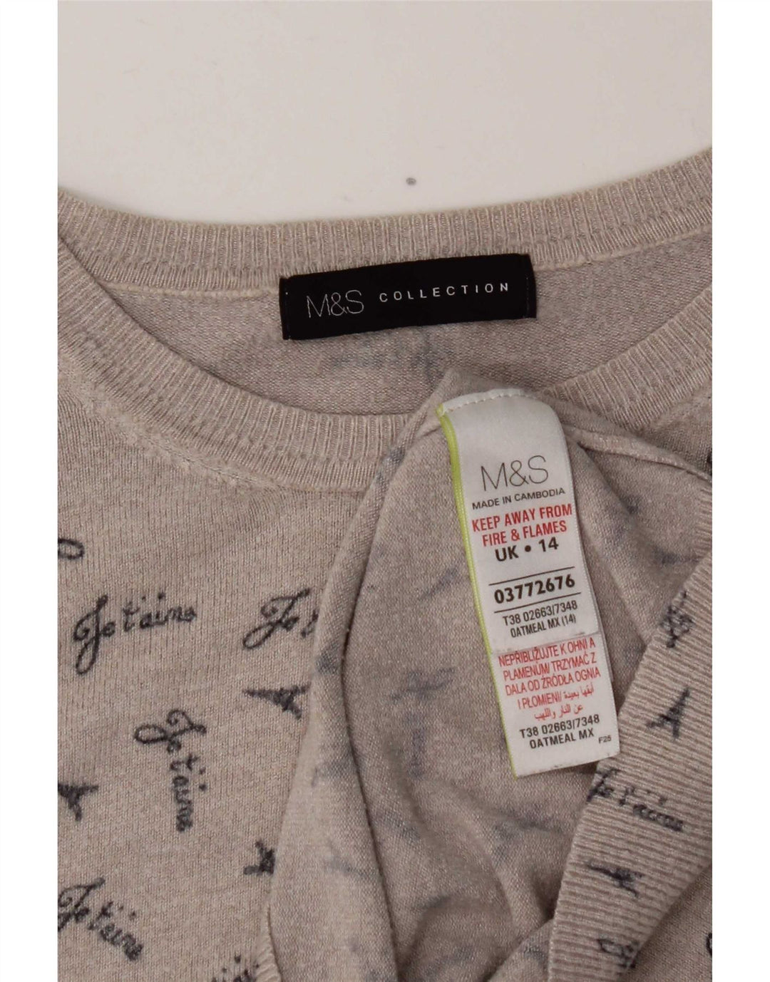 Marks & Spencer Womens Graphic Boat Neck Jumper Sweater UK 14 Medium Grey