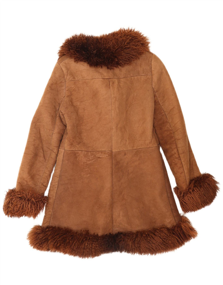 Vintage mujer shearling abrigo Reino Unido 8 pequeño patchwork marrón