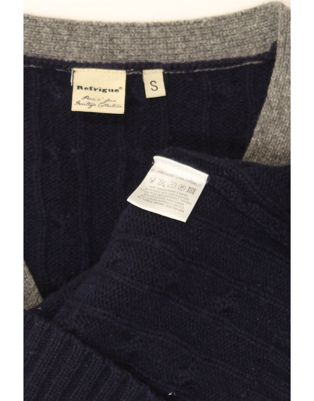 REFRIGUE Mens Cardigan Sweater Small Navy Blue Striped Lambswool