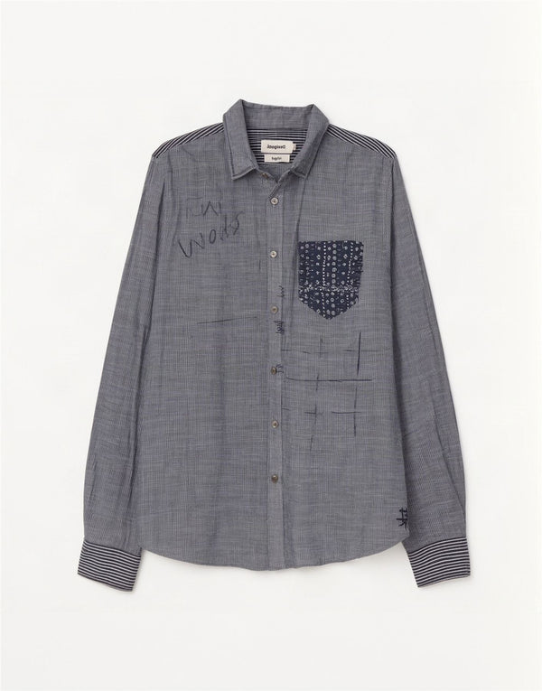Desigual Mens Graphic Shirt Large Blue Pinstripe