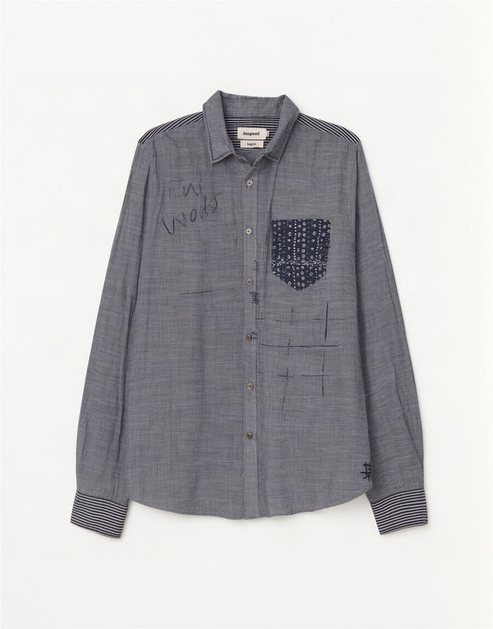 Desigual Mens Graphic Shirt Large Blue Pinstripe