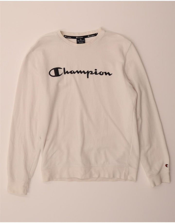 CHAMPION Mens Graphic Sweatshirt Jumper Medium White Cotton Vintage Champion and Second-Hand Champion from Messina Hembry 