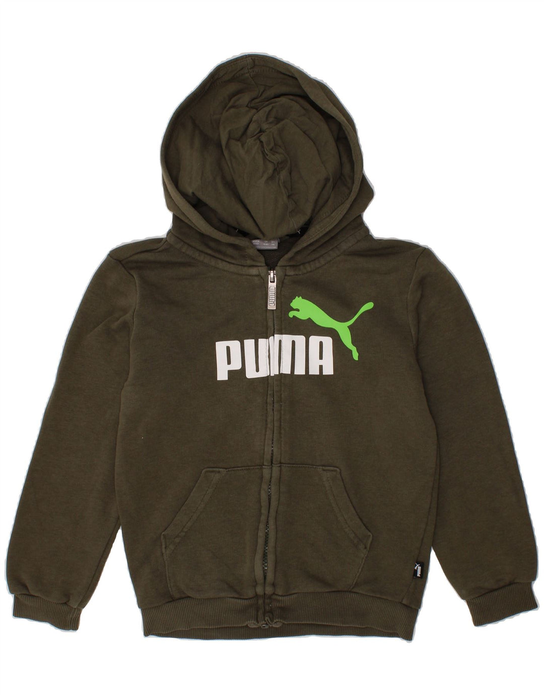 PUMA Boys Graphic Zip Hoodie Sweater 5-6 Years Khaki Cotton Vintage Puma and Second-Hand Puma from Messina Hembry 
